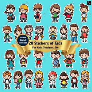 Entzückende Kinder digitale Aufkleber digitaler Download: 28 Cricut druckbare Clip Art für Schullehrer, Eltern zu Hause, Lernmittel