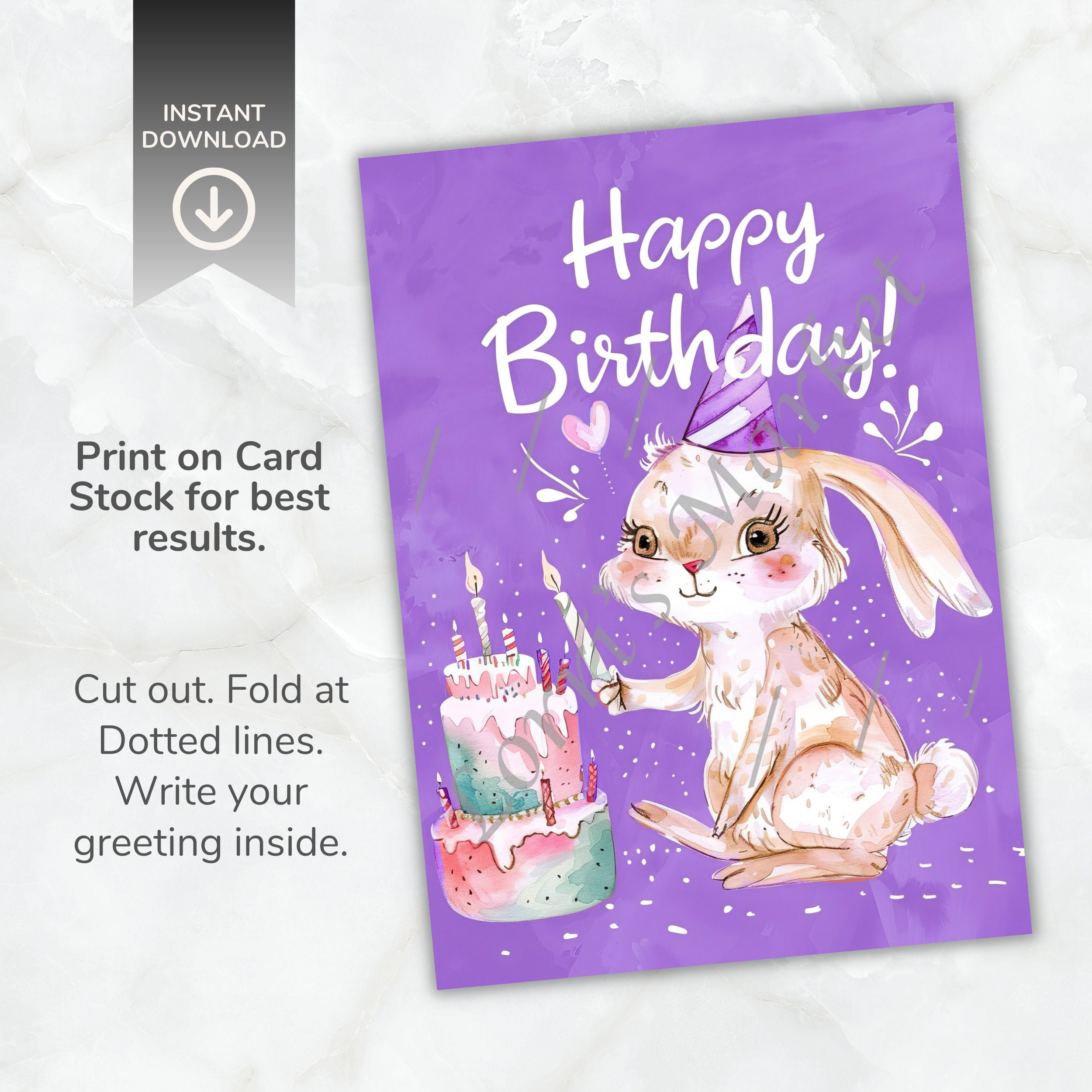 Printable Bunny Rabbit Birthday Card Digital Download: Festive Greeting ...