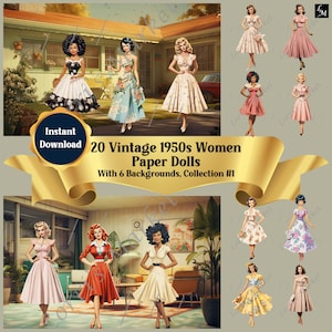 Download digitale di bambole di carta Clip Art per donne in stile anni '50: 20 bambole, 6 sfondi, scrapbooker, taglio pignolo e collezionisti