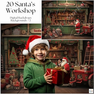May include: A child wearing a red Santa hat holds a red gift box in front of a backdrop depicting Santa's workshop. The workshop is filled with toys, tools, and Christmas decorations. The sign above the workshop reads "Santa's Workshop".