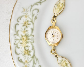 Vintage MANUAL Benrus Gold Broken China Watch Green and Yellow Roses