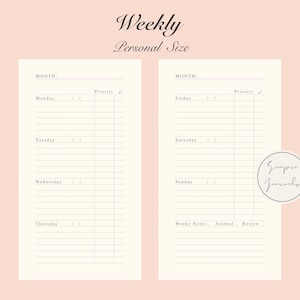 May include: Cream-colored weekly planner pages with a minimalist design. The pages are divided into days of the week, with space for notes and priorities. The text "Weekly Personal Size" is at the top.