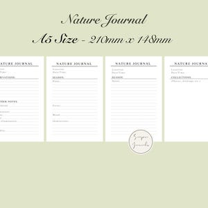 Könnte beinhalten: Ein hellgrüner Hintergrund mit einem weißen Nature Journal. Das Journal ist im A5-Format, 210 mm x 148 mm groß und hat vier Seiten mit Aufforderungen für Beobachtungen, Wetterhinweise und Sammlungen. Das Journal ist für die Aufzeichnung von Naturbeobachtungen konzipiert.