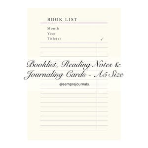 Lista de livros, notas de leitura, cartões de registro no diário (tamanho A5), encarte digital para impressão