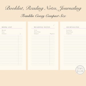 Book list, Reading Notes, Journaling cards Franklin Covey Compact (FCC size) digital printable insert