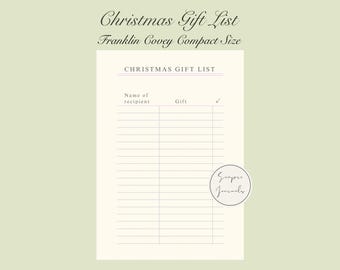 May include: A cream-colored Christmas Gift List, Franklin Covey Compact Size, with lined sections for recipients and gifts. The text "Christmas Gift List" is at the top, with a checkmark column. A small circular logo is in the bottom right corner.