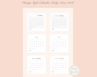 Vintage Style Calendar Sticky Notes 2026 - digital printable for planning