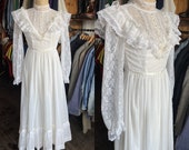 Vintage 1970s White Gunne Sax Boho Hippie Cottage Core Formal Maxi Dress Size 3 XXS XS