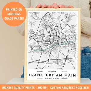 Impresión de mapa de la ciudad de Frankfurt am Main, póster minimalista, arte mural de Alemania, decoración de viajes turísticos alemanes, hogar moderno, obra de arte de oficina, geografía
