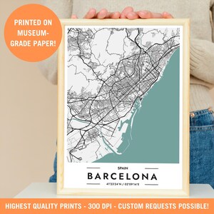 Impression de carte de la ville de Barcelone, affiche minimaliste, impression murale d'art de voyage en Espagne, souvenir d'Espagne, décoration d'intérieur, cadeau unique d'architecture historique