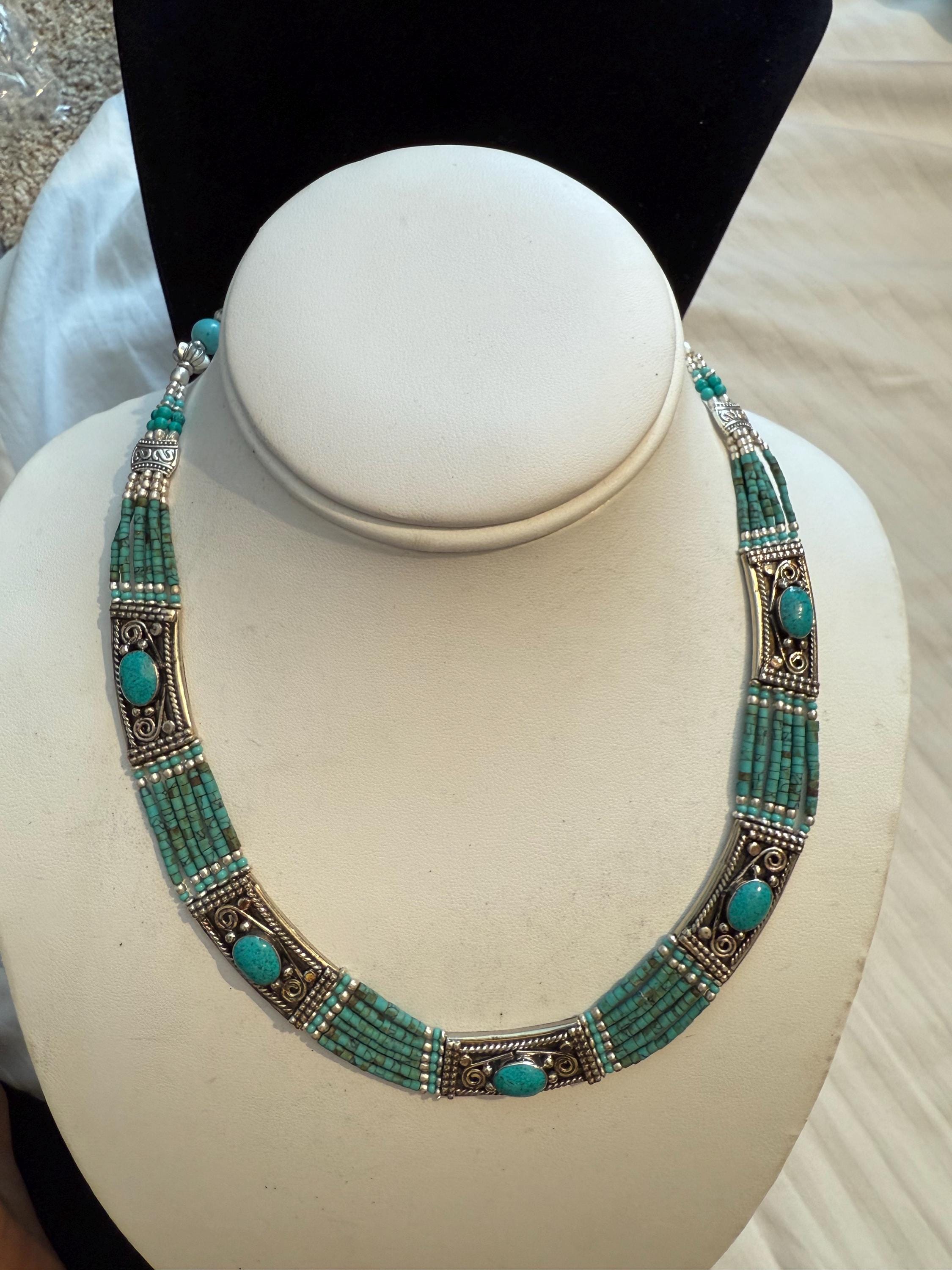 Collier Style Tibétain Avec Frange En Argent Tibétain Et Turquoise Imitation - Neuf Sans Emballage