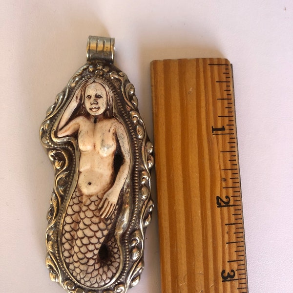 Mermaid pendant, bone carved mermaid pendant ,Nepali jewelry,Tibetan jewelry, handmade jewelry bone carved pendant