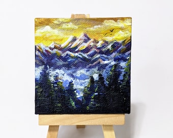 Mountain Mist - Original Mini Canvas Painting with Display Easel