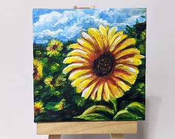 Sunflower Field - Original Mini Canvas Painting with Display Easel