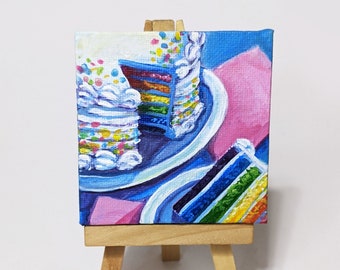 Rainbow Cake - Mini peinture sur toile originale avec chevalet d’affichage