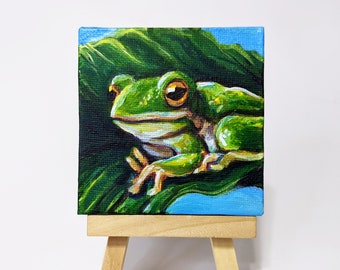 Tree Frog - Original Mini Canvas Painting with Display Easel