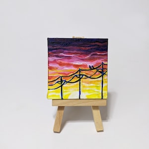 Birds On A Wire - Original Mini Canvas Painting with Display Easel