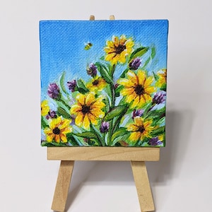 Black-Eyed Susans - Original Mini Canvas Painting with Display Easel
