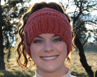 Adult Crochet Messy Bun Beanie - MULTIPLE COLORS