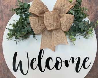 Welcome, Wood Round Sign, Door Hanger, Door Wreath, Home Decor, Housewarming Gift, Year Round Wreath, Mothers Day Gift, Wedding Gift