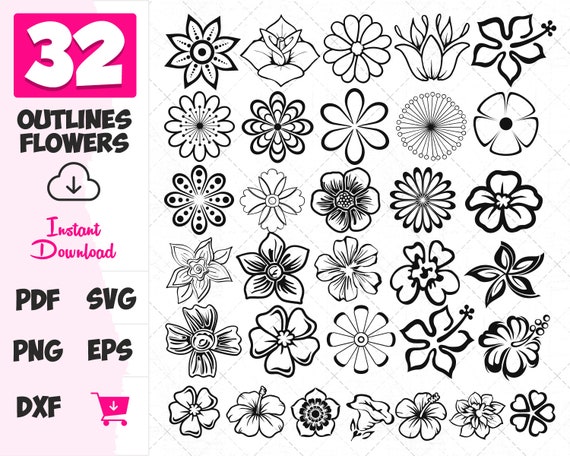 32 Outlines Flowers SVG Design Outlines Flowers vector | Etsy