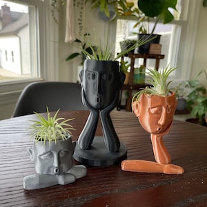 May include: Three face-shaped planters in black, gray, and orange, each with a small air plant growing inside. The planters are all in a sitting pose with their hands resting on their chins.