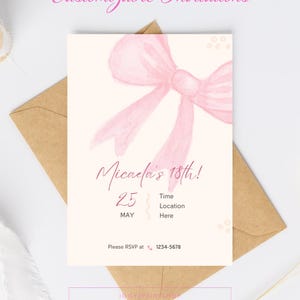 Pink Bow 18th Birthday Invitation for Girls | Minimalist Blush Party Invite | Editable Template