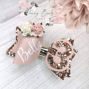 Personalised birthday bow, Pink birthday Bow, Personalised Birthday Hair Bow, Rose Gold Birthday Bow