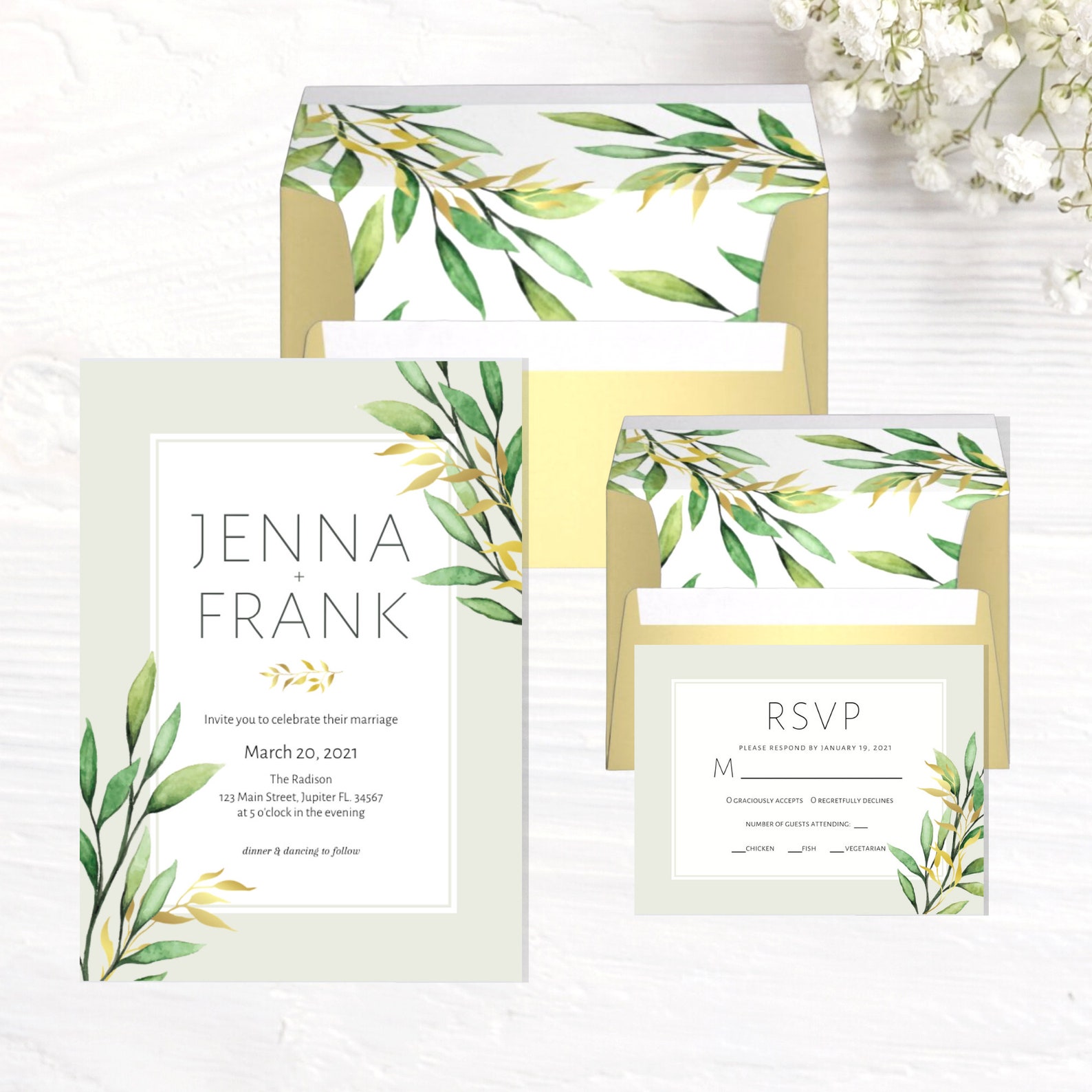 Gold and Green Wedding Invitation Suite Etsy