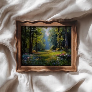 Op de afbeelding: Een ingelijst landschapsschilderij van een bosscène. Het kunstwerk toont een zonnig pad door een groene weide met wilde bloemen, dat leidt naar een bos met hoge bomen. De houten lijst heeft een decoratieve rand.