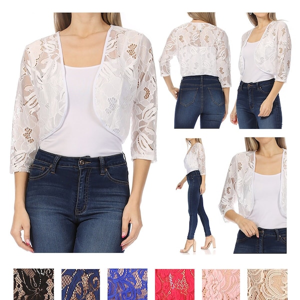 Women's Casual Lace Bolero Crochet Open Cardigan 3/4 Sleeve Sheer Cover Up Jacket