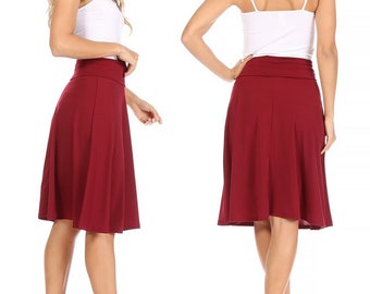 Casual Solid High Waisted Knee Length Flare A-line Skirt with Elastic Waistband