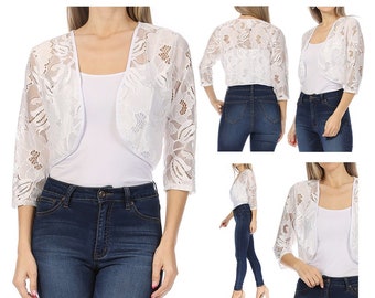 Women's Casual Lace Bolero Crochet Open Cardigan 3/4 Sleeve Sheer Cover Up Jacket