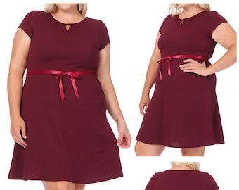 Plus Size Casual Solid Flared A Line Swing Dresses Short Sleeve With Belt Trim