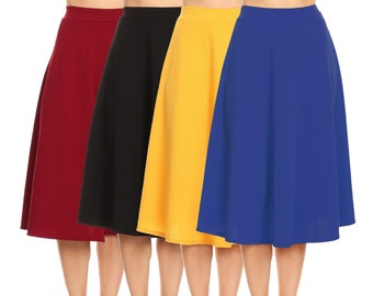 Women's Solid Basic Casual Elastic Waist A-Line Flared Midi Skirt