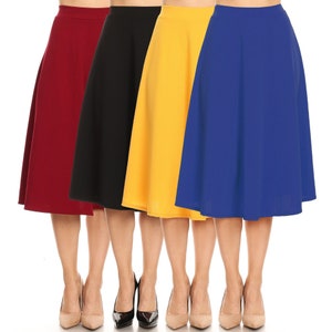 Women's Solid Basic Casual Elastic Waist A-Line Flared Midi Skirt