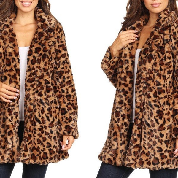 Casual Leopard Printed Faux Fur with Pockets Parka Jacket Outwear