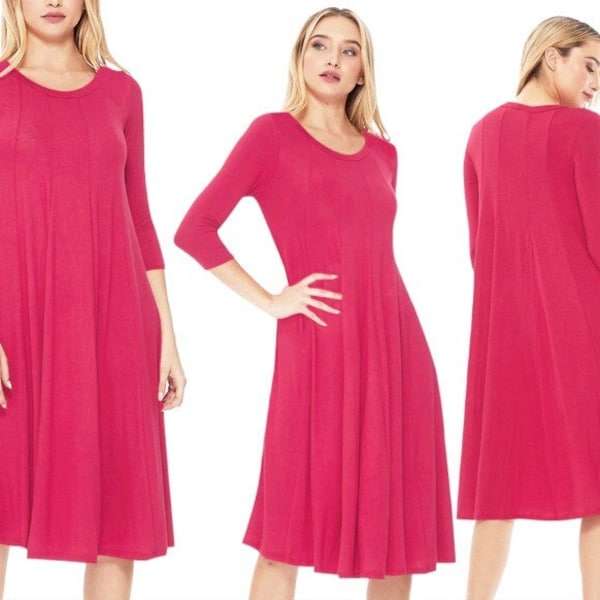 Loose Fit 3/4 Sleeve Round Neck Jersey Knit A-Line Solid Midi Dress