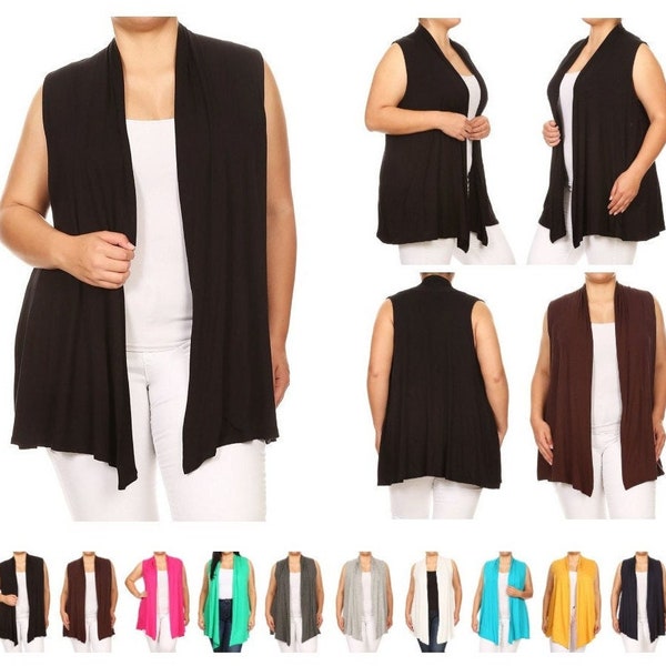 Plus Size Loose Fit Long Body Draped Open Front Solid Cardigan Vest