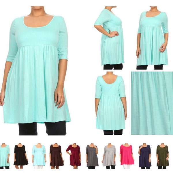 Plus Size Scoop Neck 3/4 Sleeves A-Line  Babydoll Midi Mini Dress