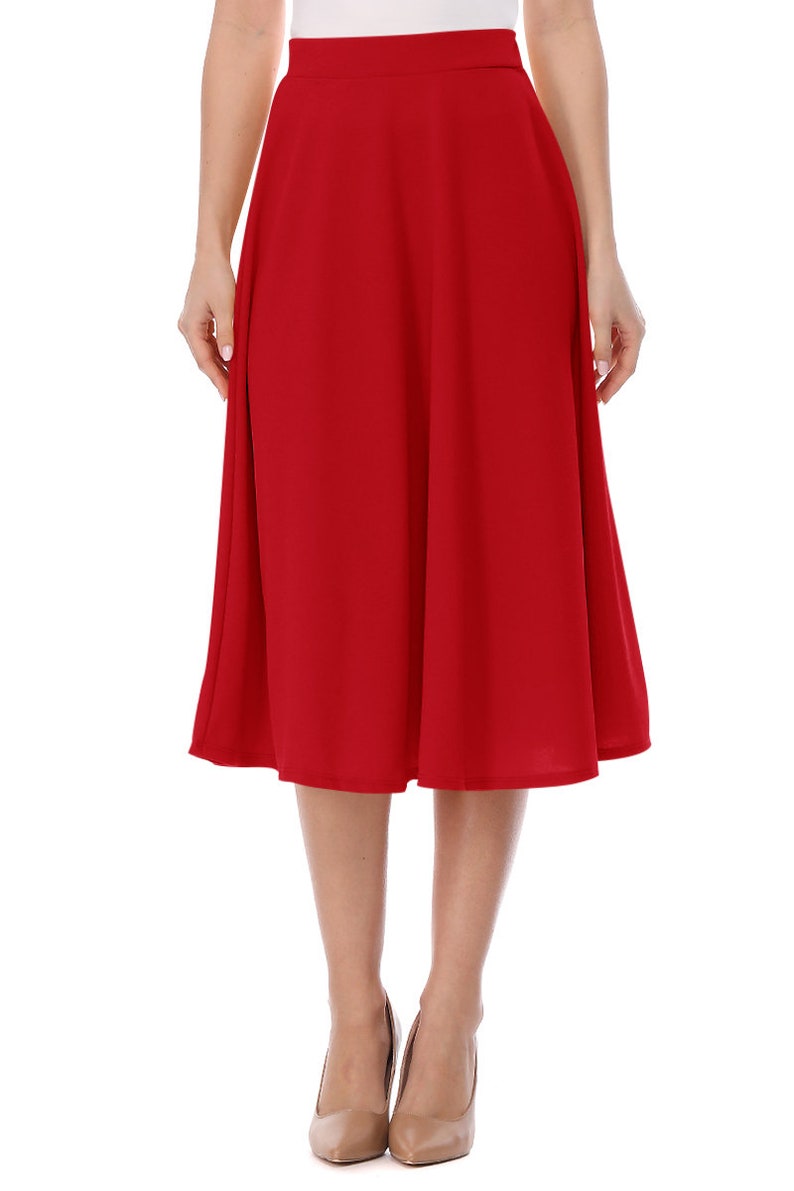 Women's Casual Flared High Waist Solid Midi Bottom Skirt Red