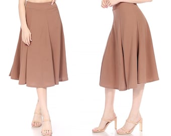 Solid Flared Lightweight Elastic High Waist Long Midi A-line Skirt