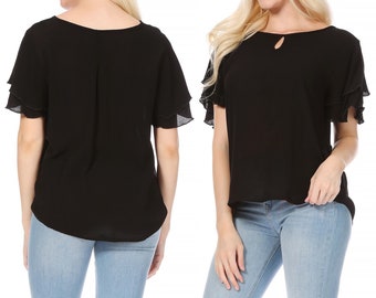 Casual Solid Flowy Short Flutter Sleeve Round Neck Key Hole Blouse