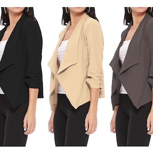 Womens Casual Open Front 3/4 Sleeve Slim Fit Draped Solid Blazer Jacket Made in USA 