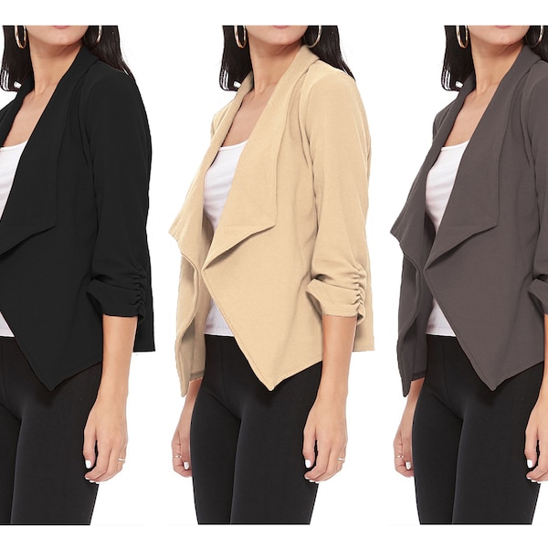 Women's Casual Open Front Slim Fit Draped Solid Blazer Jacket