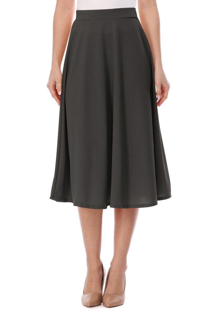 Women's Casual Flared High Waist Solid Midi Bottom Skirt Charcoal