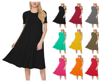 Women's Solid A-Line Short Sleeve Loose Fit Midi Dress