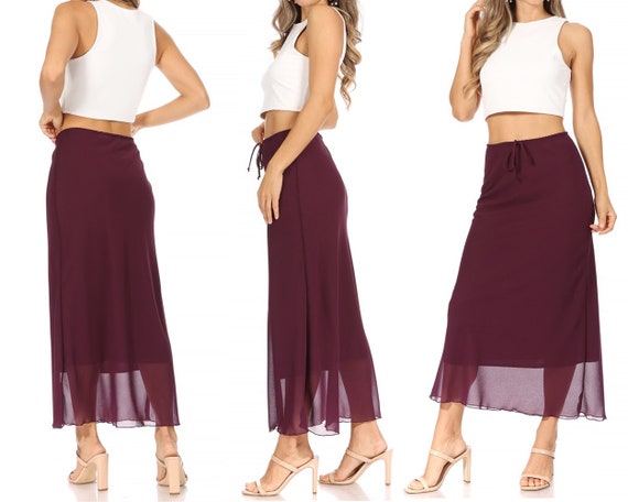 High Rise Chiffon Overlay Maxi Draped Skirt With Waist Tie Accent