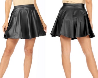 Solid Faux Leather Flared Pleated Stretch Mini Skater Skirt
