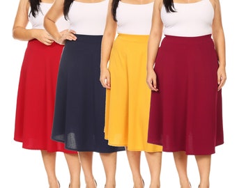 Plus Size A-Line Casual Flared Elastic Band Solid Midi Skirt